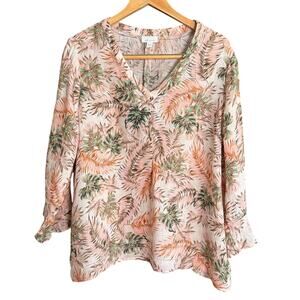 J.JILL | Pink and Green Tropical Print Linen Bell Sleeve Flounce Shirt Large